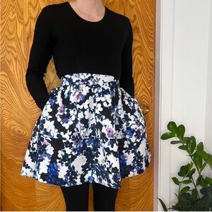 Express Black and Blue Floral A-Line Skirt